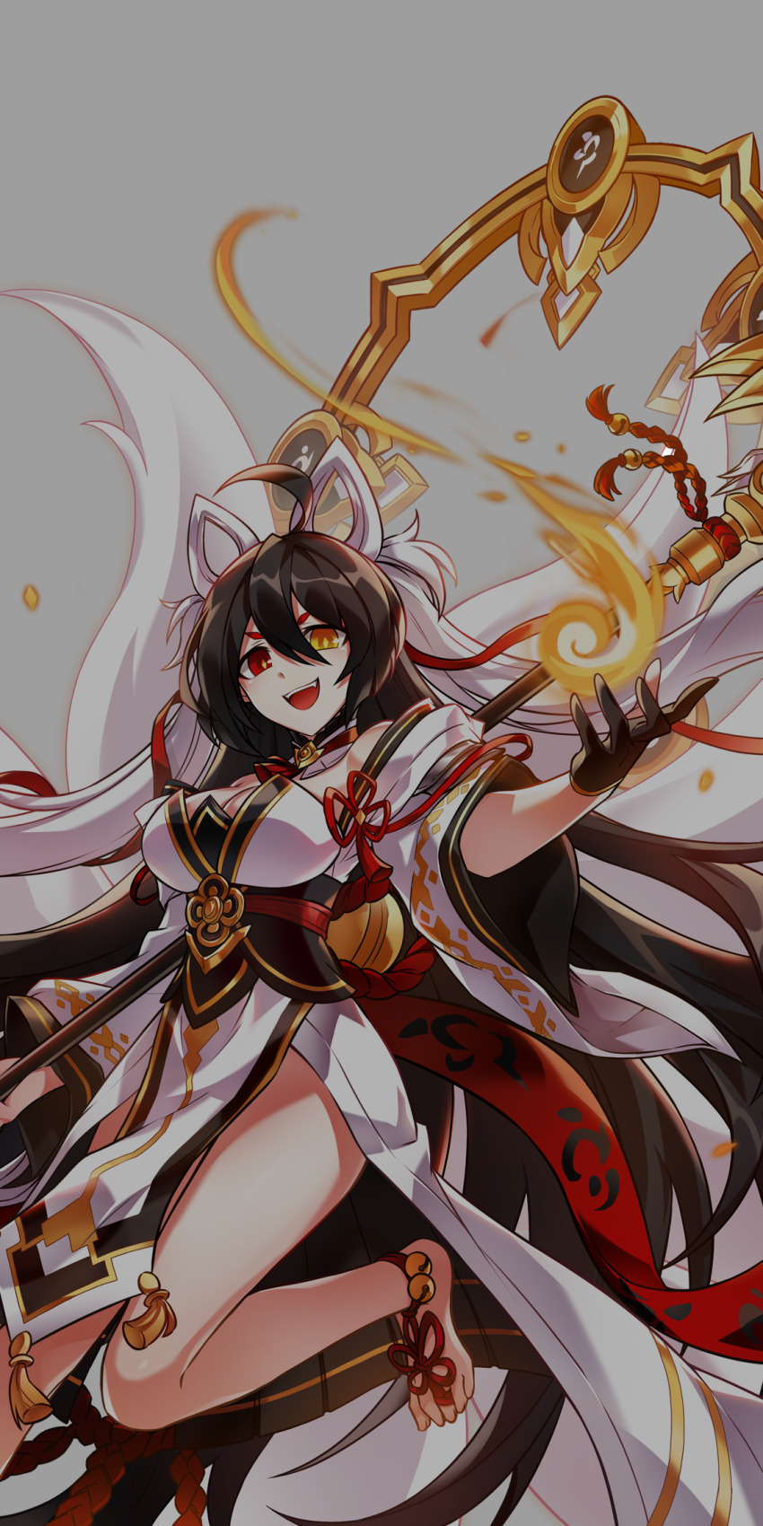 1girl animal_ears ankle_bell ara_haan bare_shoulders barefoot_sandals_(jewelry) black_corset black_gloves black_hair bright_pupils corset detached_sleeves dot_nose dress elsword embers fire flower_knot foot_out_of_frame fox_ears fox_girl fox_tail gloves grey_background hair_between_eyes halo halo_behind_head heterochromia highres hwansang long_dress long_hair long_sleeves multiple_tails neck_tassel official_art open_mouth pelvic_curtain pyrokinesis red_eyes red_ribbon ribbon second-party_source simple_background smile solo strapless strapless_dress tail tassel teeth upper_teeth_only v-shaped_eyebrows very_long_hair white_dress white_pupils white_sleeves wide_sleeves yellow_eyes yellow_halo