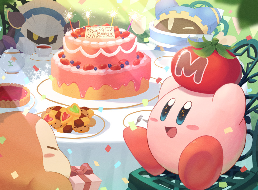 absurdres birthday_cake birthday_party cake cookie creature cup english_text food fork highres kirby kirby&#039;s_dream_land kirby_(series) magolor maxim_tomato meta_knight nagi-negitoro nintendo no_humans party plate tea teacup teapot waddle_dee