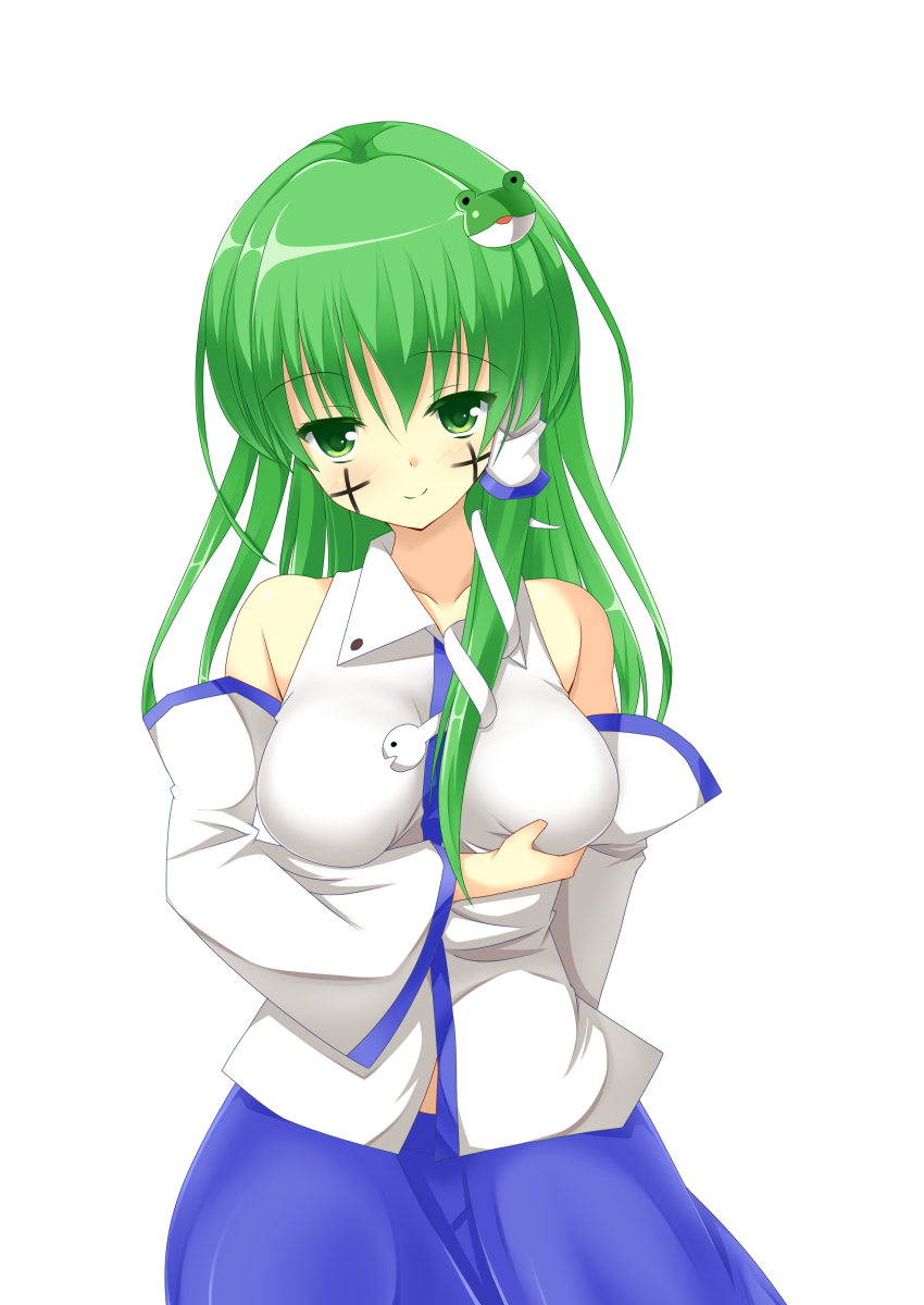 1girl absurdres blue_skirt breasts closed_mouth collared_shirt commentary_request cookie_(touhou) cowboy_shot cross detached_sleeves facepaint frog_hair_ornament grabbing_own_breast green_eyes green_hair hair_ornament hair_tubes highres kochiya_sanae large_breasts long_hair looking_at_viewer nontraditional_miko paseri_(cookie) shirt simple_background skirt sleeveless sleeveless_shirt smile snake_hair_ornament solo szk touhou white_background white_shirt white_sleeves