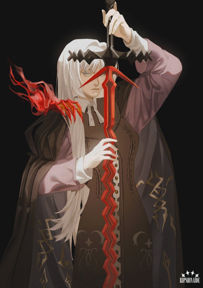 1girl absurdres artist_name black_background black_cape blue_eyes brown_dress cape closed_mouth dikke_(reverse:1999) disembodied_hand dress flamberge hand_on_another&#039;s_shoulder hands_up highres holding holding_sword holding_weapon long_hair purple_sleeves reverse:1999 ripshinaide solo sword upper_body weapon white_hair