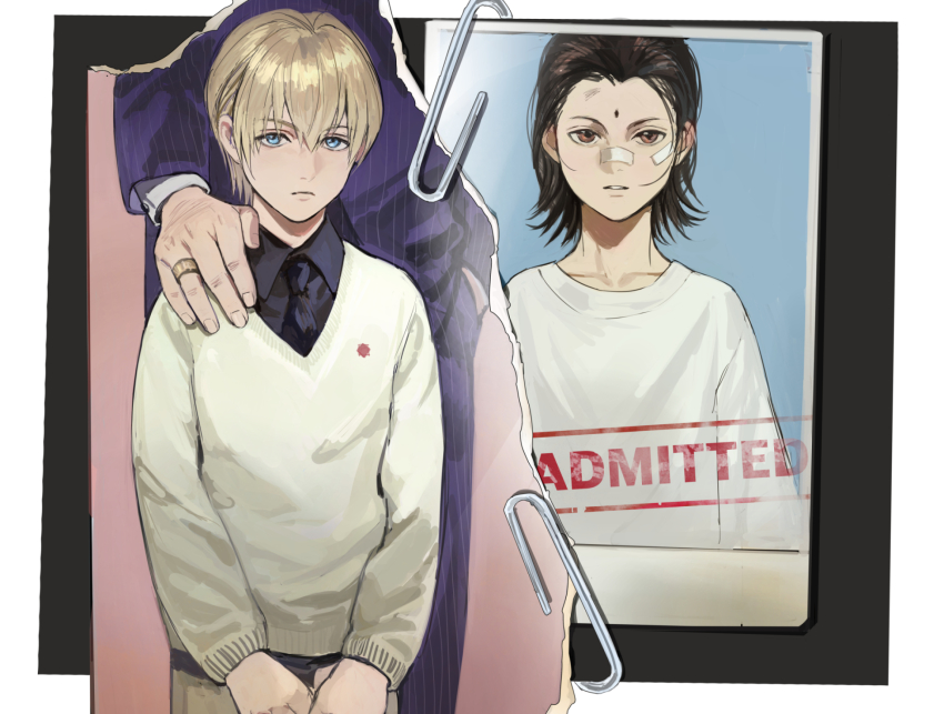 3boys aged_down black_hair black_necktie black_skirt blonde_hair blue_eyes brown_eyes child collared_shirt commentary_request final_fantasy final_fantasy_vii formal_clothes hand_on_another&#039;s_shoulder highres jacket jewelry long_sleeves male_focus multiple_boys necktie pants parted_lips president_shinra purple_jacket purple_pants purple_suit ribbed_jacket ring rufus_shinra shirt shou_rou skirt suit sweater tseng white_shirt