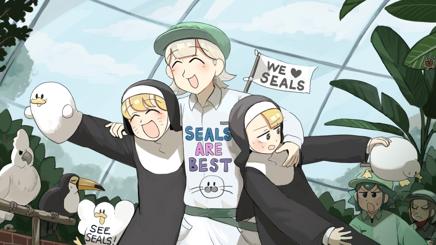 5girls :d :o absurdres aqua_hair aqua_hat bird blonde_hair closed_eyes clothes_writing clumsy_nun_(diva) cockatoo commentary diva_(hyxpk) donut_stamp duck english_commentary eyelashes flag grey_hair hat highres little_nuns_(diva) multiple_girls nose_bubble nun open_mouth pants parrot_keeper_(diva) plant seal_keeper_(diva) seal_puppet shirt short_hair smile spicy_nun_(diva) toucan toucan_keeper_(diva) traditional_nun white_pants white_shirt yellow_eyes zoo zookeeper zookeepers_(diva)