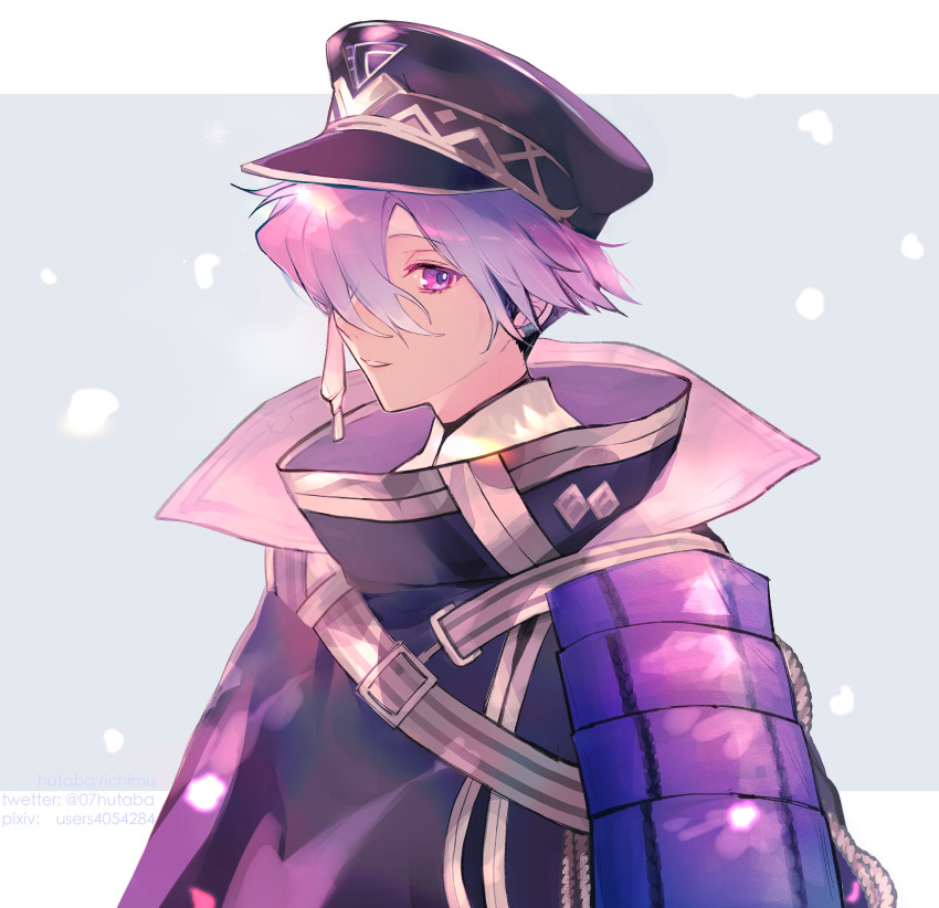 1boy absurdres armor bishounen eyelashes from_side futaba_richimu hair_between_eyes hat highres jacket japanese_armor japanese_clothes long_sleeves looking_at_viewer male_focus minamoto_kiyomaro peaked_cap purple_eyes purple_hair short_hair simple_background smile touken_ranbu upper_body