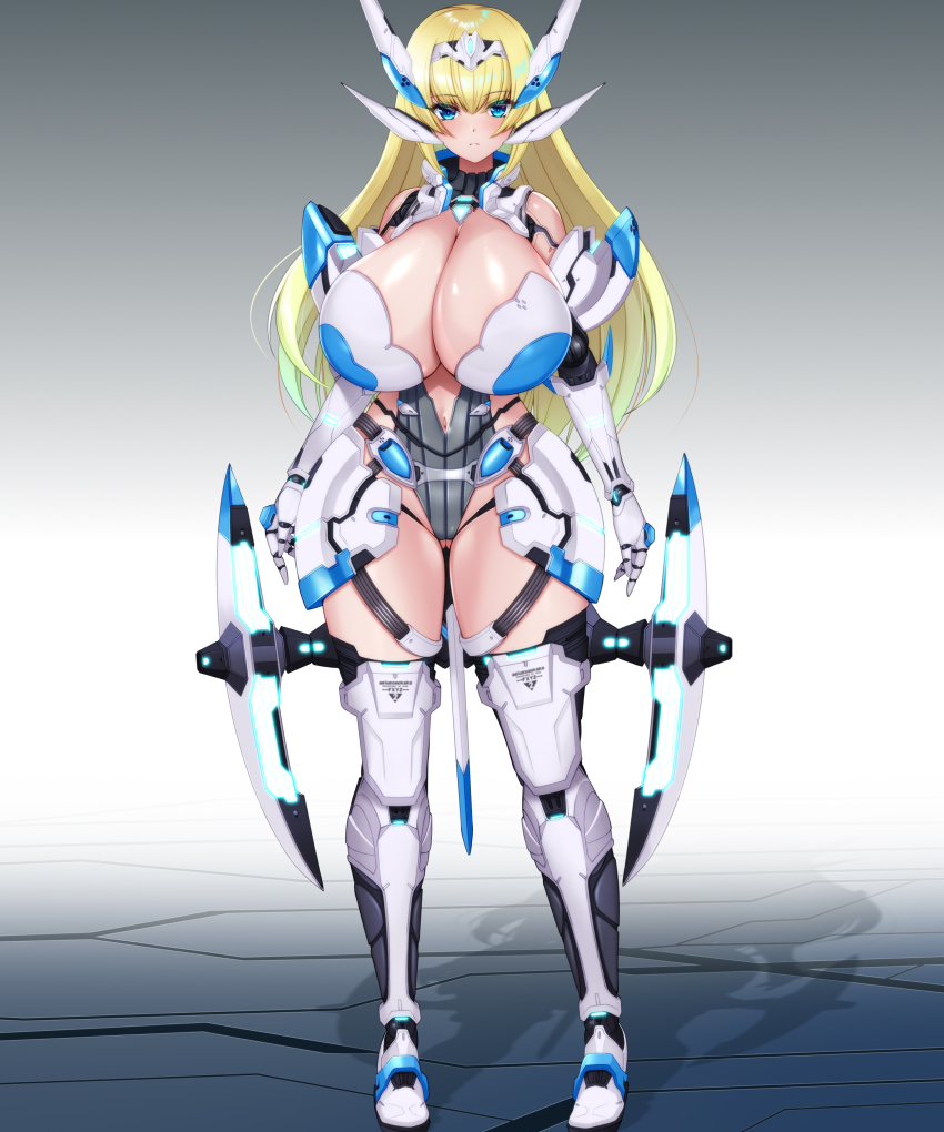 absurdres blonde_hair blue_eyes breasts cleavage clothing_cutout commentary_request commission cyborg di_allez_series expressionless full_body gluteal_fold gradient_hair hairband headgear highres huge_breasts joints leotard long_hair looking_at_viewer mariatoteresa mecha_musume multicolored_hair navel_cutout phantasy_star phantasy_star_online_2 phantasy_star_online_2_new_genesis pixiv_commission robot_joints shiny_skin standing thighs very_long_hair