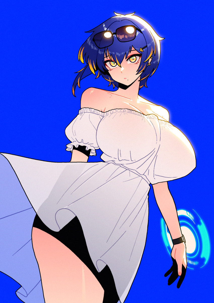 1girl absurdres bare_shoulders blonde_hair blue_background blue_hair breasts cleavage dc_(makezzal) dress eyewear_on_head highres large_breasts last_origin looking_at_viewer mole mole_under_mouth multicolored_hair short_hair solo_focus sterling_(last_origin) sundress sunglasses two-tone_hair watch wristwatch yellow_eyes