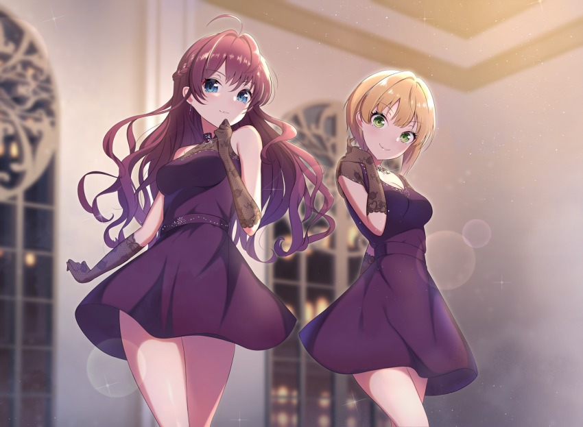 2girls ahoge black_gloves blonde_hair blue_eyes breasts brown_hair cleavage crazy_crazy_(idolmaster) dress elbow_gloves floating_hair gloves green_eyes ichinose_shiki idolmaster idolmaster_cinderella_girls idolmaster_cinderella_girls_starlight_stage lens_flare long_hair looking_at_viewer medium_breasts miyamoto_frederica multiple_girls outdoors purple_dress see-through_clothes see-through_cleavage short_dress short_hair sleeveless sleeveless_dress smile standing sutoroa very_long_hair