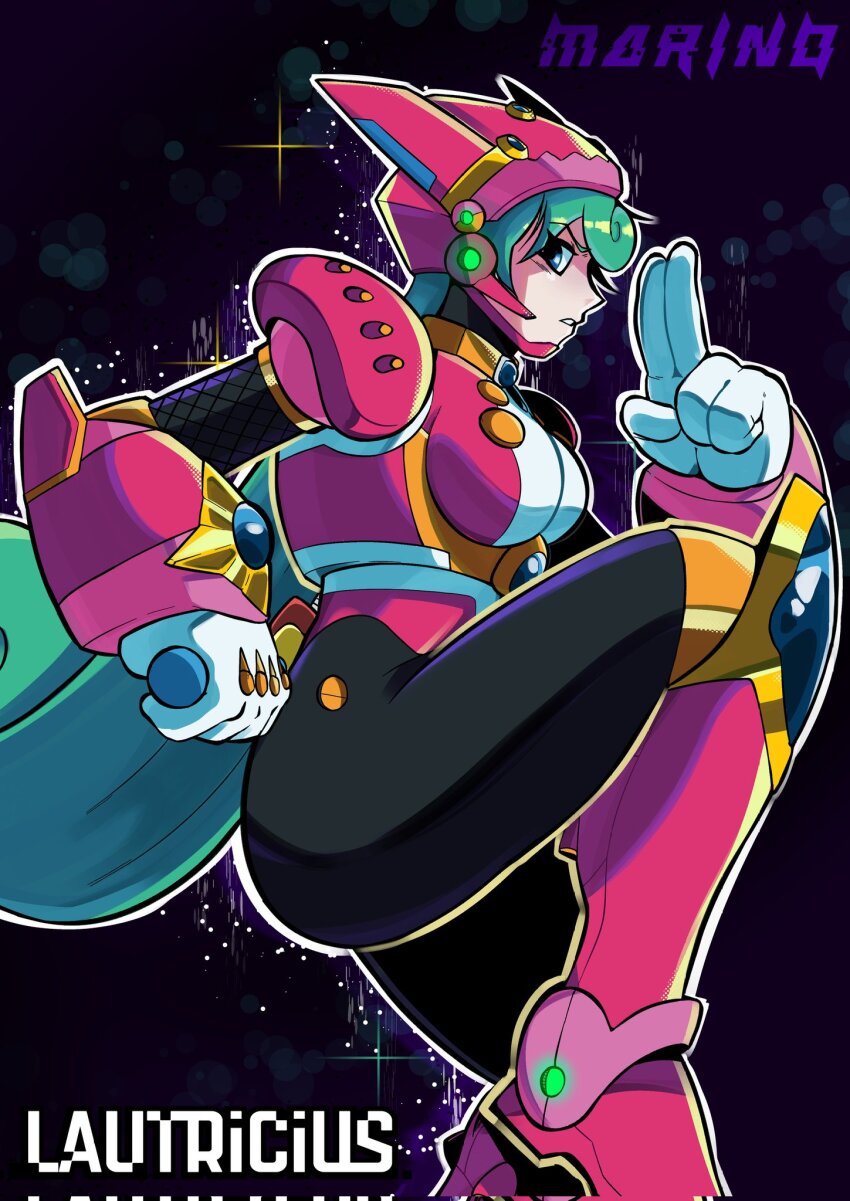 1girl android aqua_hair armor artist_name blue_eyes boots breasts character_name fake_horns from_side gloves green_hair hand_up helmet highres holding holding_sword holding_weapon horned_helmet horns knee_boots kuji-in lautricius leg_up leotard long_hair looking_at_viewer marino_(mega_man) mega_man_(series) mega_man_x:_command_mission mega_man_x_(series) ninja parted_lips pink_armor pink_helmet pink_leotard profile robot_ears robot_girl sheath shoulder_armor sideways_glance solo sword unsheathing v-shaped_eyebrows weapon white_gloves