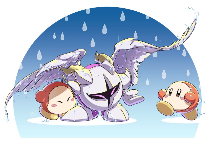 ^_^ armor blush_stickers brown_eyes closed_eyes closed_mouth commentary feathered_wings full_body galacta_knight gloves helping highres horns kirby_(series) mask nintendo no_humans no_mouth nto0710o0 pauldrons pink_eyes rain running shoes shoulder_armor signature standing taking_shelter tears waddle_dee water water_drop wet white_gloves white_shoes white_wings wings