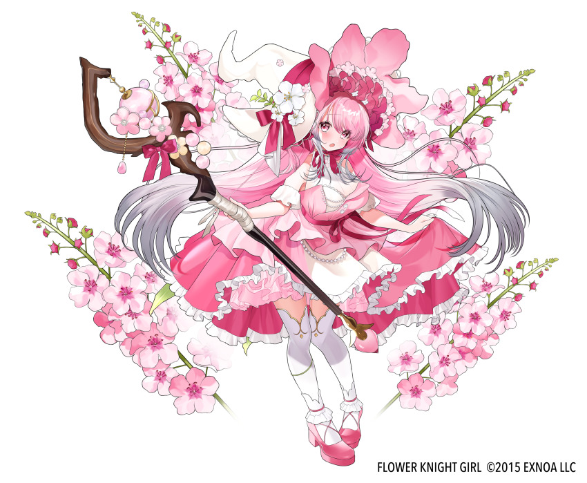 1girl :o absurdres bare_shoulders breasts character_request commentary_request copyright_name dress flower flower_knight_girl frilled_dress frills full_body gradient_hair grey_hair hair_between_eyes hat highres holding holding_staff large_breasts long_hair looking_at_viewer multicolored_hair name_connection object_namesake official_art open_mouth pink_flower pink_hair pink_shoes pomu_(pomu_me) red_eyes shoes solo staff thighhighs very_long_hair watermark white_background white_dress white_hat white_thighhighs witch_hat