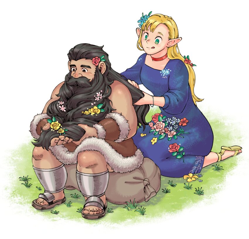 1boy 1girl armor bare_shoulders beard beard_flower black_hair blonde_hair blue_dress braid dress dungeon_meshi dwarf elf facial_hair flower grass green_eyes hair_flower hair_ornament hand_in_another&#039;s_hair highres holding holding_another&#039;s_hair i_(220_i_284) kneeling leather_armor long_beard long_hair marcille_donato mustache on_grass on_ground outdoors playing_with_another&#039;s_hair pointy_ears senshi_(dungeon_meshi) sitting sleeveless thick_mustache very_long_beard