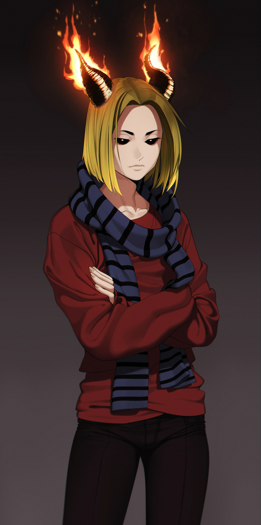 1boy abbystea absurdres black_eyes black_hair black_pants black_sclera blonde_hair blue_scarf blush colored_sclera commentary_request cowboy_shot crossed_arms crown demon_horns fiery_horns fire forehead frown grey_background highres horns male_focus original pants red_sweater scarf shirt solo striped_clothes striped_shirt sweater