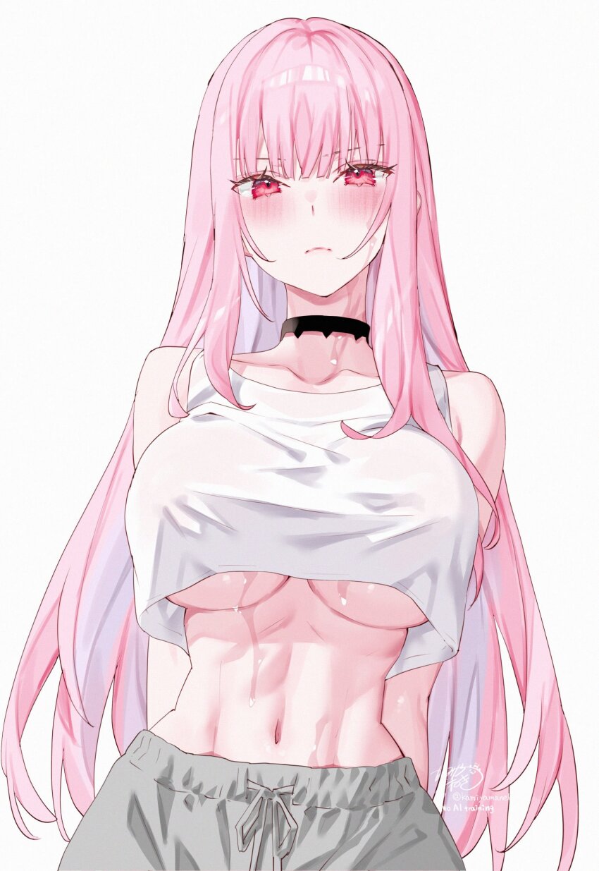 1girl absurdres alternate_costume arms_behind_back black_choker blunt_bangs breasts choker commentary crop_top crop_top_overhang drawstring grey_pants highres hololive hololive_english kamiya_maneki large_breasts light_frown long_hair looking_at_viewer midriff mori_calliope navel pants pink_eyes pink_hair sidelocks simple_background solo straight-on symbol-only_commentary tank_top toned toned_female underboob upper_body virtual_youtuber white_background white_tank_top