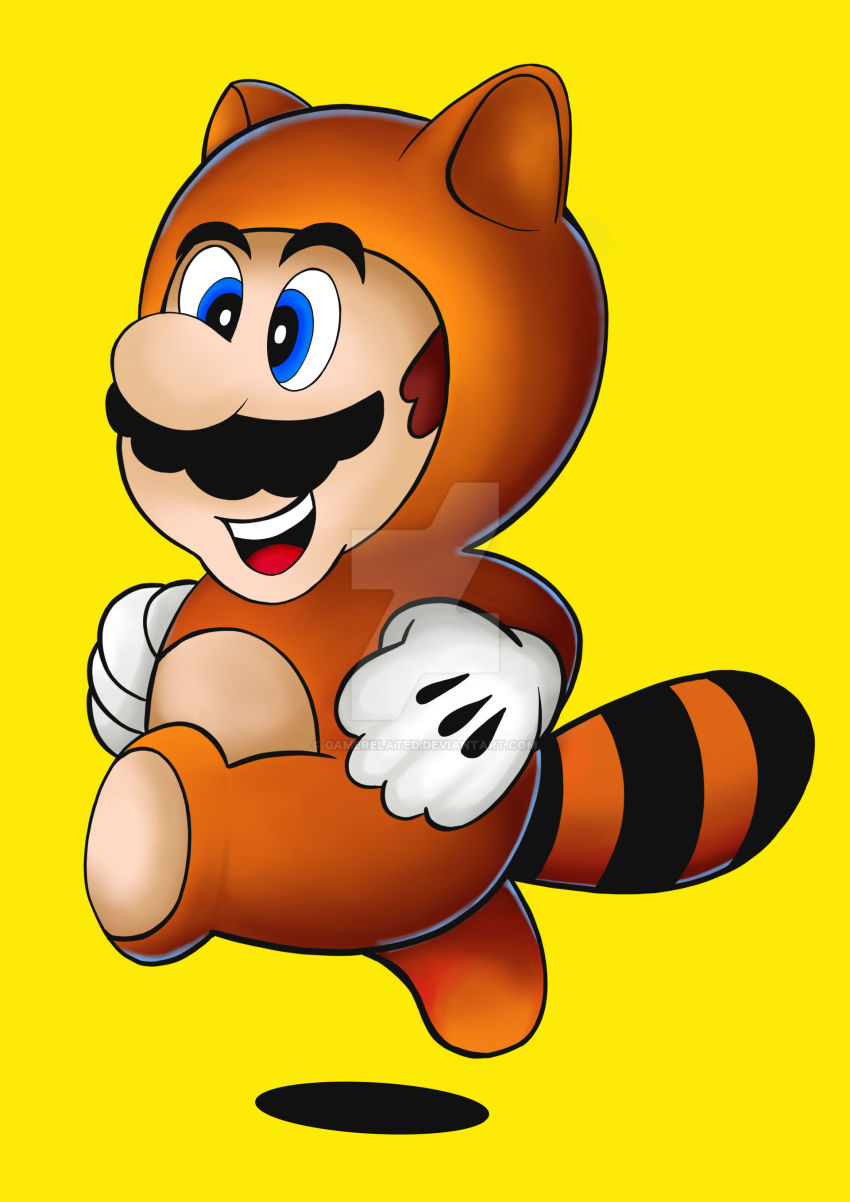 1boy absurdres animal_ears blue_eyes brown_hair facial_hair gloves grin highres mario mario_(series) mustache nintendo open_mouth power-up raccoon_ears raccoon_mario raccoon_suit raccoon_tail running smile solo super_mario_bros._3 tail tanooki_mario