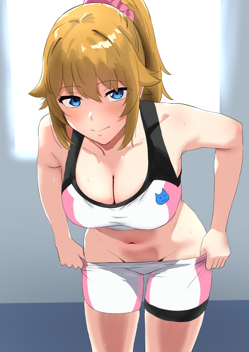 1girl absurdres bare_shoulders beta04655881 bike_shorts bike_shorts_pull blue_eyes breasts brown_hair cleavage closed_mouth collarbone commentary cowboy_shot groin gundam gundam_build_fighters gundam_build_fighters_try hair_between_eyes hair_ornament hair_scrunchie highres hoshino_fumina indoors large_breasts leaning_forward looking_at_viewer medium_hair midriff naughty_face navel pink_scrunchie pink_shorts pink_sports_bra ponytail pulling_own_clothes scrunchie seductive_gaze seductive_smile shorts sidelocks smile solo sports_bra standing sweat teasing textless_version two-tone_sports_bra undressing white_shorts white_sports_bra