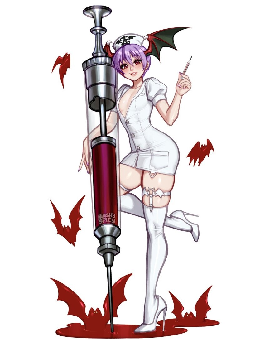 1girl artist_name bat_(animal) bat_wings blood blush blushyspicy breasts darkstalkers demon_girl dress fingernails grin hair_between_eyes hat head_wings high_heels highres holding holding_syringe holding_thermometer legwear_garter lilith_(darkstalkers) liquid-in-glass_thermometer looking_at_viewer nail_polish nurse nurse_cap o-ring_legwear_garter oversized_object puffy_short_sleeves puffy_sleeves pumps purple_hair purple_nails red_eyes shoes short_dress short_hair short_sleeves simple_background skull_and_crossbones small_breasts smile solo standing standing_on_one_leg syringe thermometer thigh_strap thighhighs white_background white_dress white_hat white_shoes white_thighhighs wings