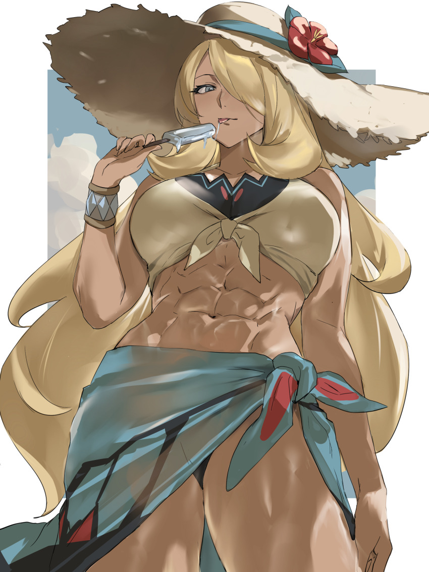 1girl abs absurdres bikini bikini_under_clothes blonde_hair blue_sarong border bracelet breasts closed_mouth crop_top cynthia_(pokemon) cynthia_(summer_2025)_(pokemon) dark-skinned_female dark_skin food grey_eyes hat highres holding holding_food holding_popsicle jewelry large_breasts long_hair looking_at_viewer nintendo pokemon pokemon_masters_ex popsicle sarong shirt simple_background solo sun_hat sunlight swimsuit taiyang_yu tan thighs tied_shirt toned toned_female tongue tongue_out very_long_hair white_border