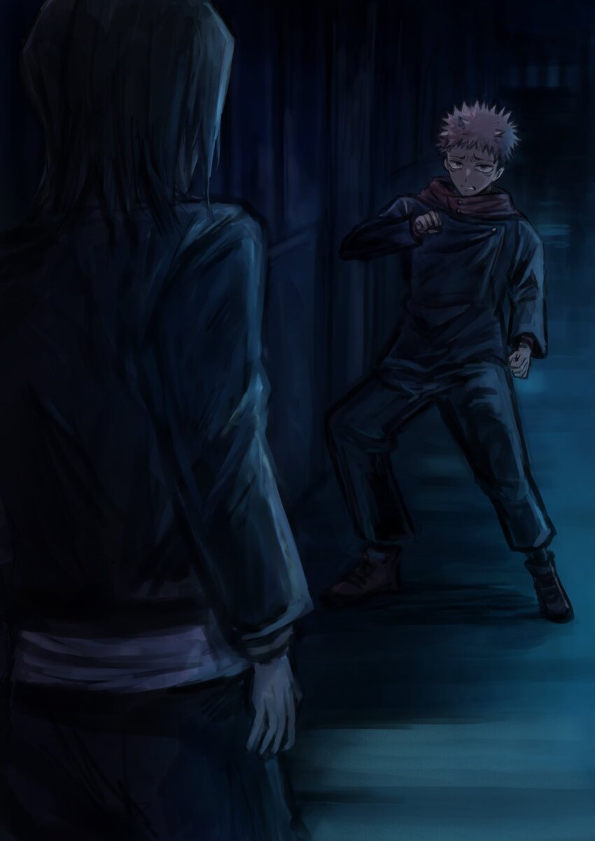 2boys black_hair black_jacket fighting_stance hallway highres hood hoodie itadori_yuuji jacket jujutsu_kaisen jujutsu_tech_uniform looking_at_another multiple_boys pink_hair red_hoodie scar sweatdrop tears undercut y725natsu yoshino_junpei
