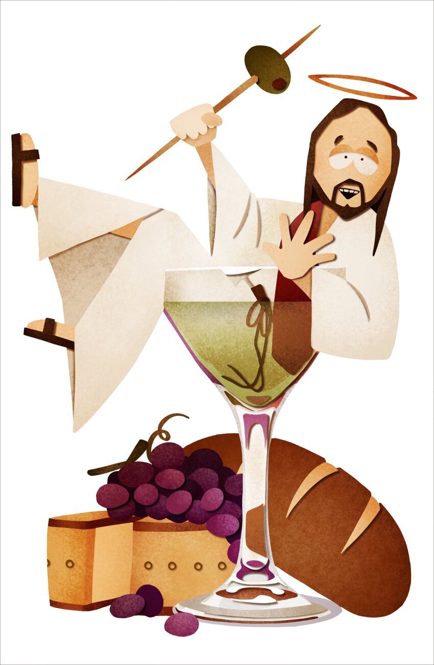 1boy absurdres beard bread brown_hair cheese cocktail_glass cup drinking_glass facial_hair food fruit full_body grapes halo highres in_container in_cup jesus leoscoolworld male_focus medium_hair olive robe sandals sitting solo south_park south_park_(style) toothpick white_background white_robe