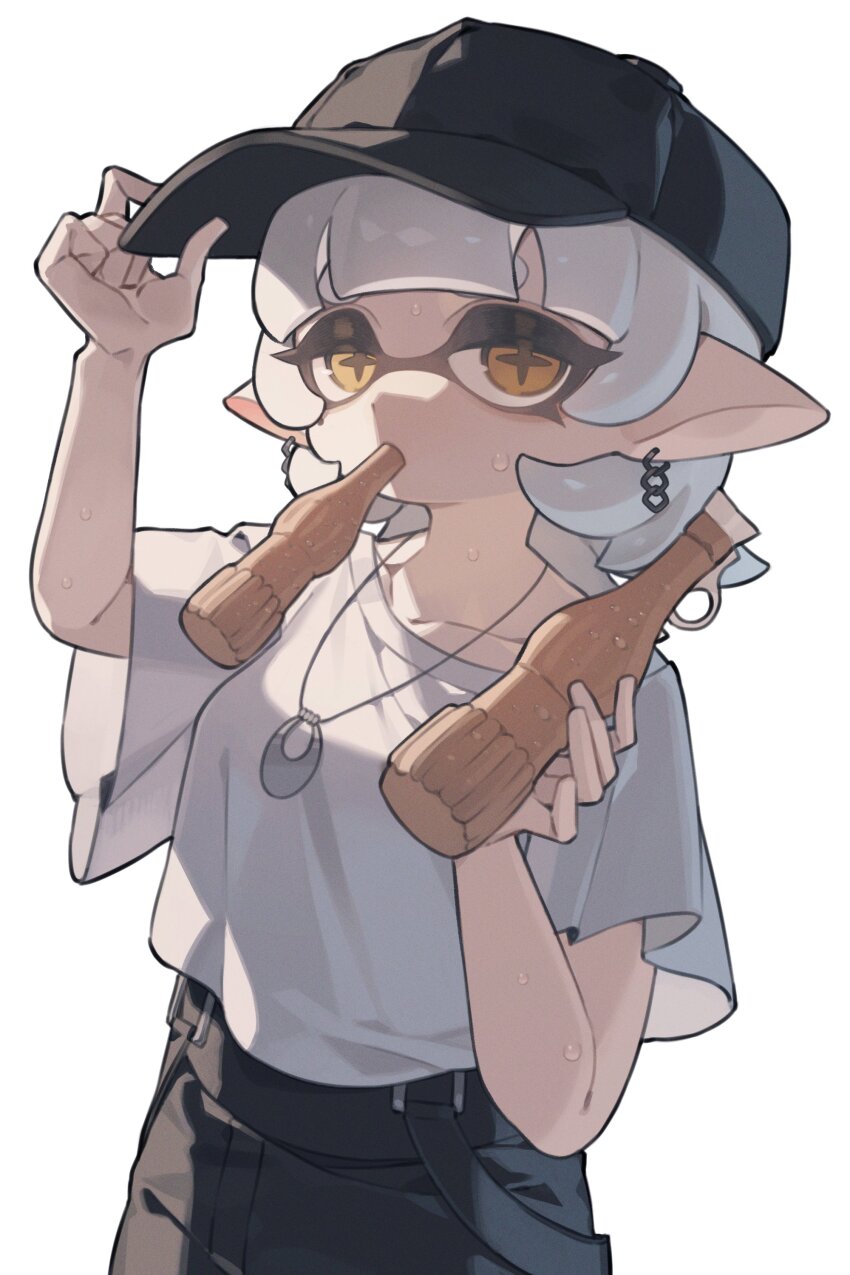 1girl absurdres adjusting_clothes adjusting_headwear alternate_costume arm_up baseball_cap black_hat black_pants blunt_bangs chain chain_earrings collarbone commentary_request cowboy_shot grey_hair half-closed_eyes hat highres holding inkling jewelry marie_(splatoon) mole mole_under_eye mouth_hold necklace nintendo off_shoulder official_alternate_hairstyle orange_eyes pants pointy_ears prat_rat shirt short_hair short_sleeves simple_background solo splatoon_(series) splatoon_3 star-shaped_pupils star_(symbol) sweat symbol-shaped_pupils tentacle_hair thick_eyebrows tupet white_background white_shirt wide_sleeves