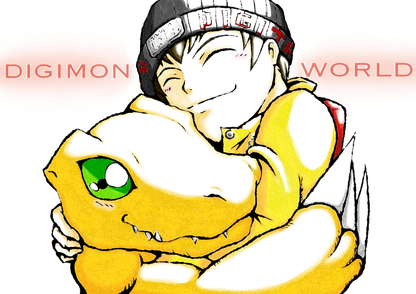 1boy absurdres agumon claws digimon digimon_(creature) digimon_world green_eyes happy hat highres mameo_(digimon) smile
