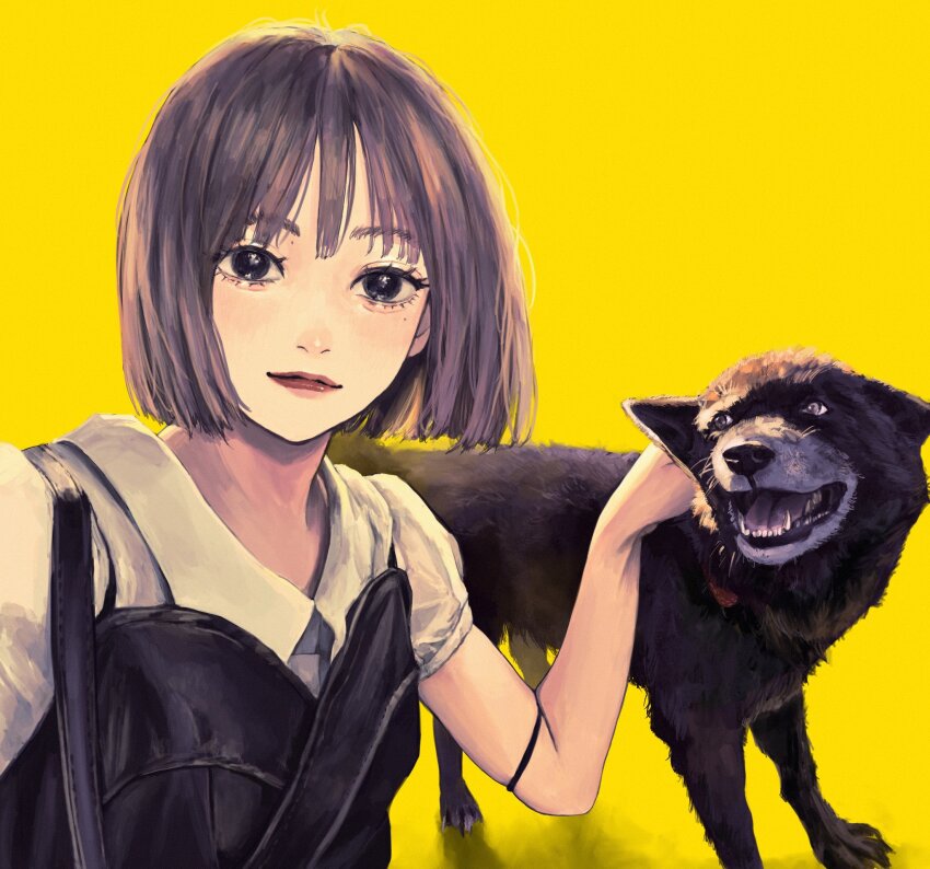 1girl armlet black_bag black_eyes brown_hair closed_mouth collared_shirt dog hand_on_animal highres jewelry looking_at_viewer lui_n24 mole mole_above_eye mole_under_eye original puffy_short_sleeves puffy_sleeves red_lips selfie shirt short_hair short_sleeves simple_background solo_focus upper_body white_shirt yellow_background