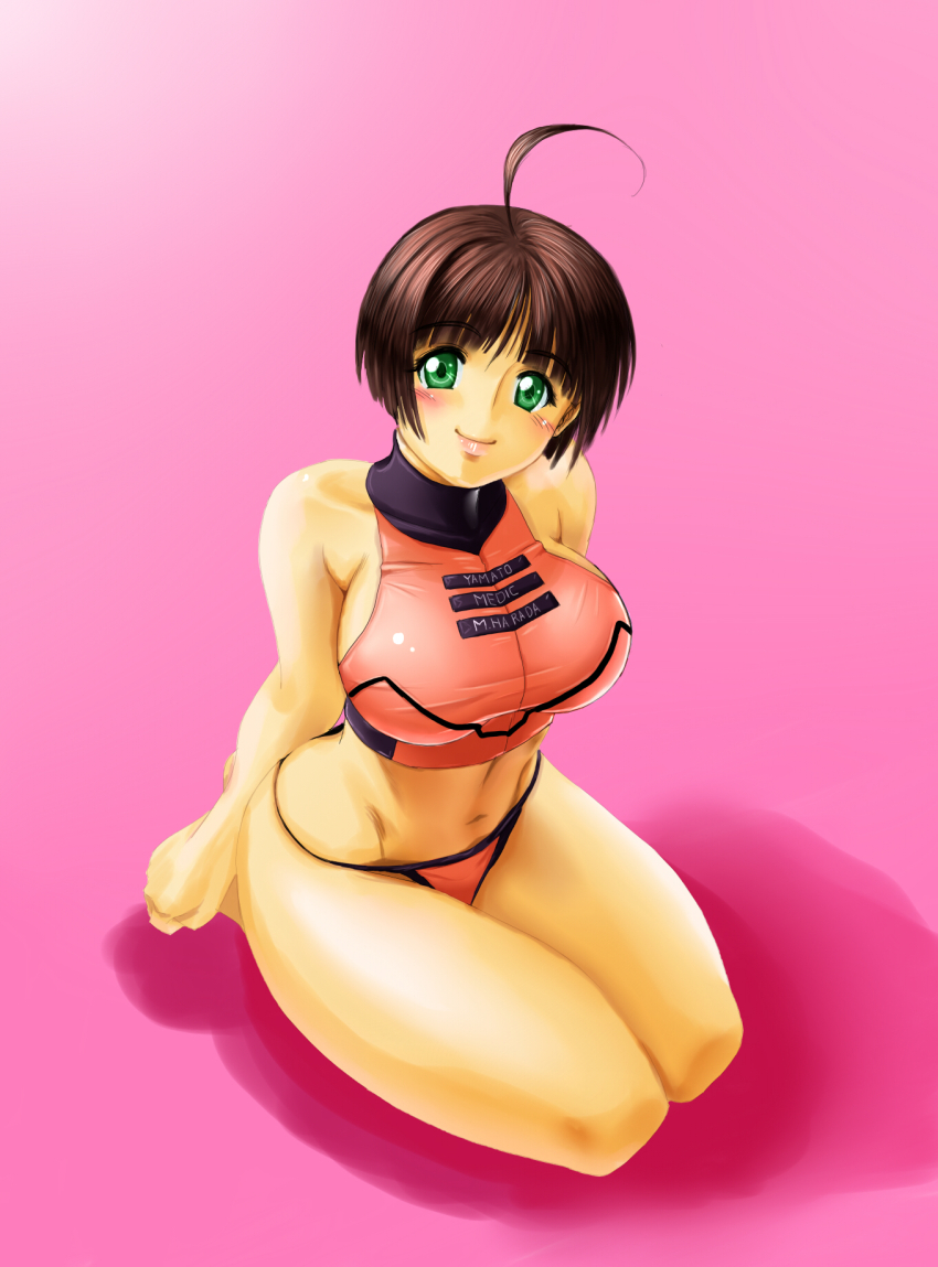 1girl ahoge arms_behind_back bare_legs bare_shoulders bikini blush breasts brown_hair harada_makoto highres legs looking_at_viewer midriff navel ookami_makoto pink_background pink_bikini seiza short_hair sitting solo swimsuit uchuu_senkan_yamato uchuu_senkan_yamato_2199