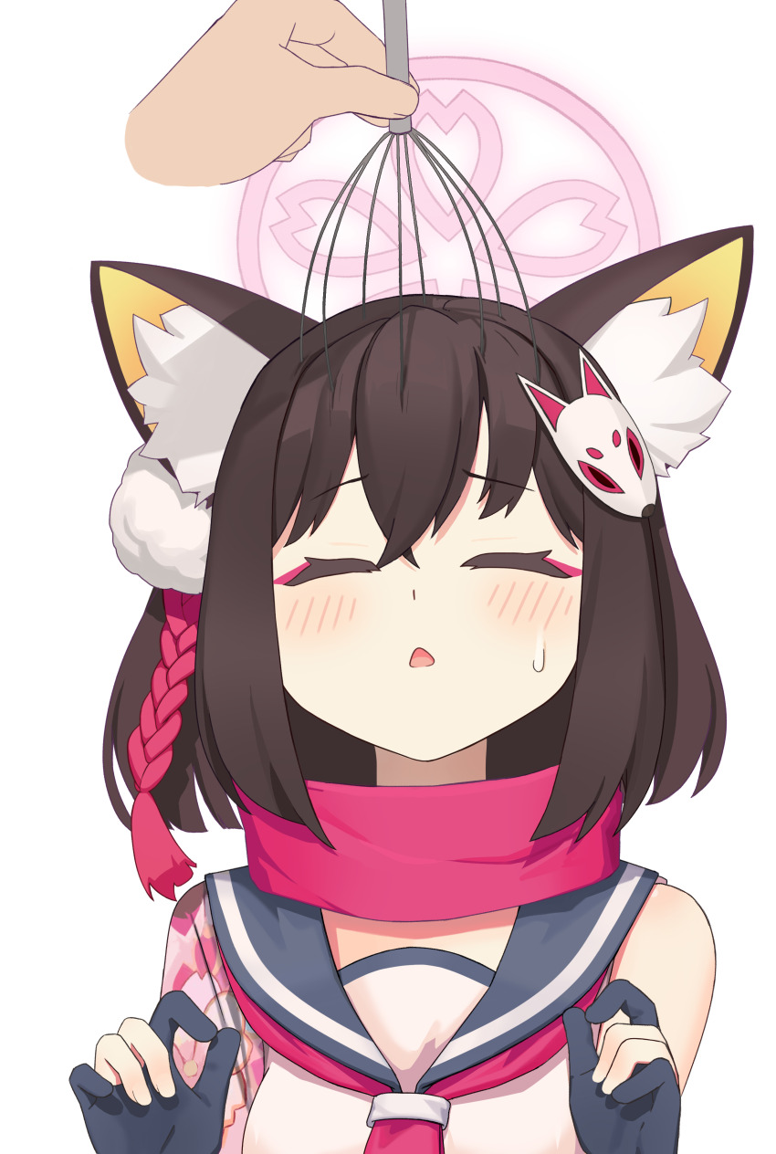 1girl absurdres animal_ear_fluff animal_ears blue_archive blush brown_hair closed_eyes eyeshadow fang fox_ears fox_girl gloves hair_ornament halo heart highres izuna_(blue_archive) kkami15 makeup massager neckerchief partially_fingerless_gloves pink_eyeshadow pink_neckerchief pink_scarf pom_pom_(clothes) pom_pom_hair_ornament saliva scarf school_uniform serafuku short_hair skin_fang spoken_heart trembling white_serafuku