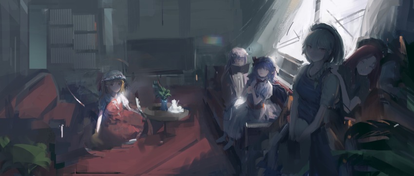 5girls :| absurdres bandaze bat_wings beret blonde_hair blue_dress blue_hair blush book bookshelf braid closed_eyes closed_mouth couch door dress flandre_scarlet glasses green_dress green_headwear hands_on_another&#039;s_shoulders hat hat_ribbon highres holding holding_book holding_plate hong_meiling indoors izayoi_sakuya light_rays long_hair looking_at_viewer maid_headdress medium_hair mob_cap multiple_girls on_couch on_ground one_side_up open_book own_hands_together patchouli_knowledge pink_dress plant plate pointy_ears potted_plant puffy_short_sleeves puffy_sleeves purple_eyes purple_hair red_dress red_eyes red_hair red_ribbon remilia_scarlet ribbon shirt short_sleeves silver_hair single_braid sitting sketch skirt slice_of_life smile striped_clothes striped_dress table tea_set television touhou vertical-striped_clothes vertical-striped_dress white_headwear white_shirt white_skirt window wings