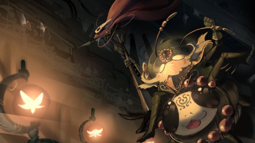 absurdres antennae arm_up armor arthropod_boy arthropod_girl beads black_eyes black_hair black_skin bug butterfly choir_flyer_(hollow_knight) choristor_(hollow_knight) clenched_hand cloak colored_skin facial_hair facial_tattoo garmond_(hollow_knight) gauntlets glowing_butterfly grand_reed_(hollow_knight) green_helmet helmet highres holding holding_weapon hollow_eyes hollow_knight hollow_knight:_silksong horned_mask hornet_(hollow_knight) horns insect lace_(hollow_knight) long_mustache mask mustache needle_(hollow_knight) onionsued pin_(hollow_knight) red_cloak riding riding_animal rosary tattoo thread tongue tongue_out weapon white_eyes white_mask zaza_(hollow_knight)