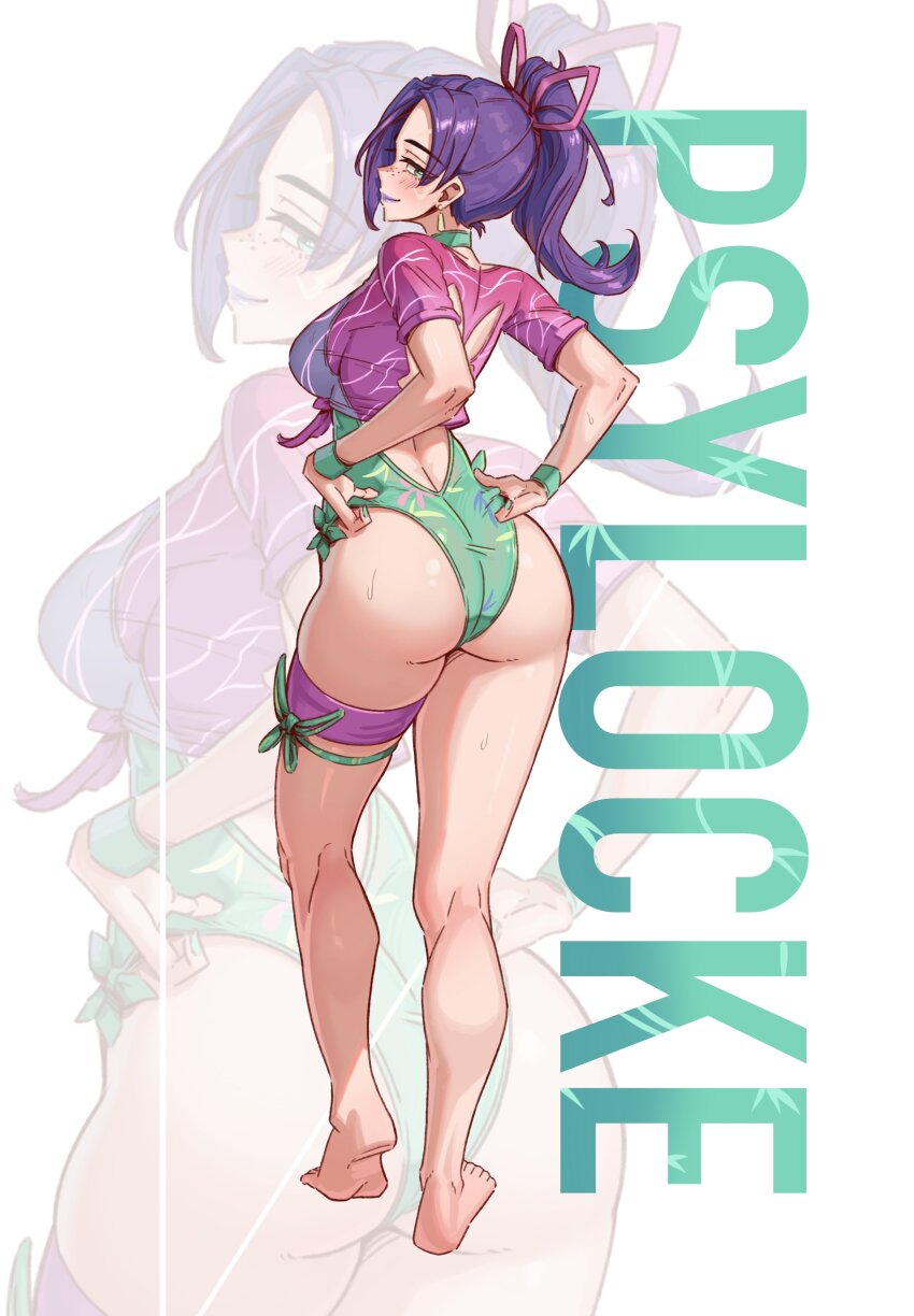 1girl absurdres alternate_costume ass backless_swimsuit barefoot breasts butterfly_ornament cleavage commission curvy emmettart fantastic_four full_body green_lips green_one-piece_swimsuit hair_ribbon highleg highleg_one-piece_swimsuit highres large_breasts long_hair looking_at_viewer looking_back marvel marvel_rivals official_alternate_costume one-piece_swimsuit ponytail psylocke psylocke_(breezy_butterfly) purple_hair ribbon shiny_skin smile solo swimsuit wide_hips x-men zoom_layer