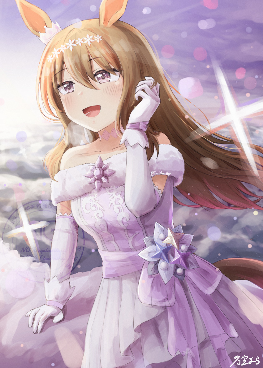 1girl absurdres admire_vega_(glacialis_vega)_(umamusume) admire_vega_(umamusume) animal_ears bard bare_shoulders blue_sky_aosan brown_hair choker collarbone dress elbow_gloves gloves hair_between_eyes hair_down hairband highres horse_ears horse_girl horse_tail light_blush off-shoulder_dress off_shoulder official_alternate_costume official_alternate_hairstyle purple_eyes purple_ribbon ribbon sitting smile solo tail umamusume white_dress white_gloves