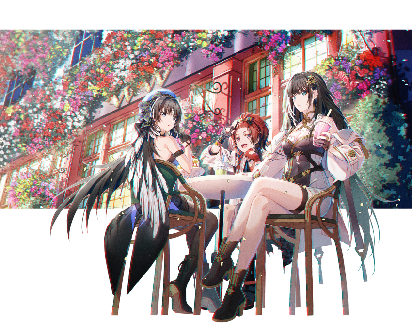 3girls absurdres baizhi_(wuthering_waves) bangs_pinned_back bare_legs bare_shoulders beret black_bow black_eyes black_footwear black_gloves black_hair black_pantyhose blue_dress blue_hat bow breasts chixia_(wuthering_waves) chromatic_aberration cleavage commentary covered_navel cup detached_sleeves disposable_cup dress drinking_straw feather_hair fork gloves green_eyes hair_bow hair_ornament hakusai_(tiahszld) hat hat_bow heavy_chromatic_aberration highres holding holding_cup holding_fork jacket large_breasts long_hair looking_at_viewer multicolored_hair multiple_girls open_mouth pantyhose parted_bangs partially_fingerless_gloves red_eyes red_hair salute see-through_cleavage see-through_clothes sidelocks sitting smile streaked_hair symbol-only_commentary table tacet_mark_(wuthering_waves) thigh_strap two-finger_salute very_long_hair white_jacket white_sleeves wuthering_waves yangyang_(wuthering_waves)