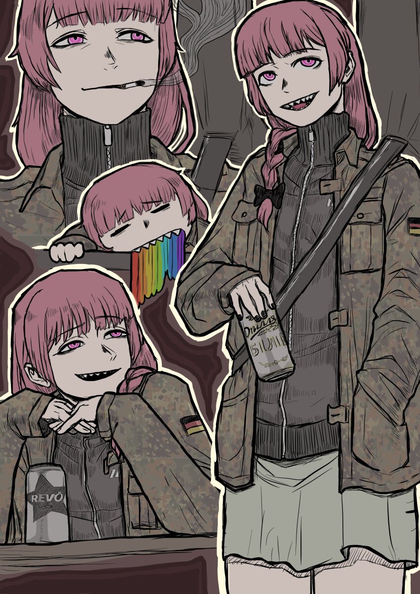 1girl absurdres bag beer_can black_bow black_jacket blue_eyes blunt_bangs bocchi_the_rock! bow braid braided_ponytail breast_pocket brown_jacket can cigarette closed_eyes closed_mouth collared_jacket drink_can elbows_on_table furrowed_brow german_flag grey_skirt hair_bow hair_over_shoulder hand_in_pocket highres hiroi_kikuri holding holding_can jacket limestone_(artist) long_sleeves military_jacket open_mouth patch pocket purple_hair sharp_teeth shoulder_bag skirt smile smoke smoking solo teeth track_jacket vomit vomiting_rainbows