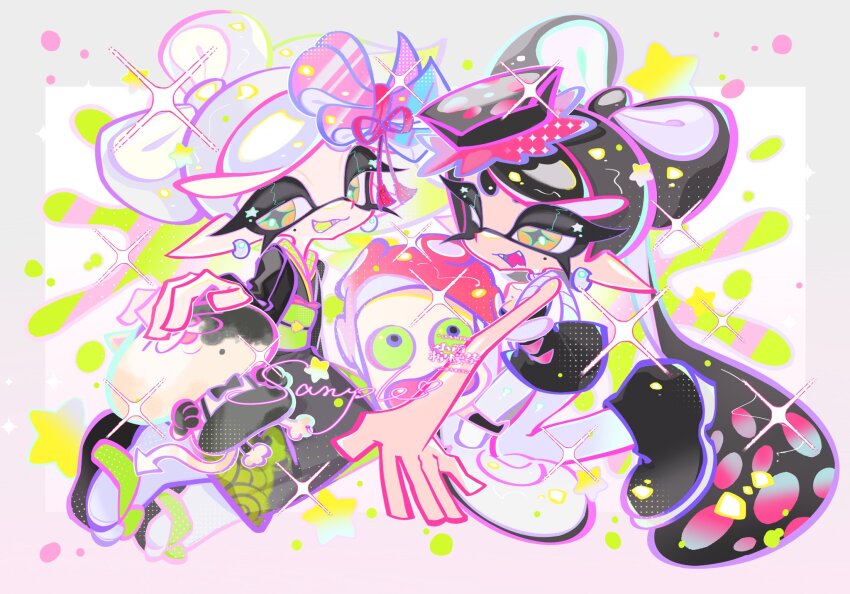 2girls absurdly_long_hair black_dress black_hair black_haori black_shoes border bow-shaped_hair breasts callie_(alterna)_(splatoon) callie_(splatoon) cat cross-shaped_pupils dress earrings full_body geta grey_border grey_hair grey_kimono grey_pupils haori highres inkling japanese_clothes jewelry judd_(splatoon) kimono long_hair long_pointy_ears looking_at_viewer marie_(kimono)_(splatoon) marie_(splatoon) mole mole_under_eye multiple_girls nintendo obi obiage obijime octarian_(enemy) octotrooper official_alternate_costume one_eye_closed open_mouth orange_eyes pantyhose pointy_ears print_kimono sample_watermark sash seigaiha shoes short_hair small_breasts smile splatoon_(series) splatoon_2 splatoon_3 strapless strapless_dress swept_bangs symbol-shaped_pupils tabi tentacle_hair twintails very_long_hair watermark white_background white_pantyhose xiaoyunatie