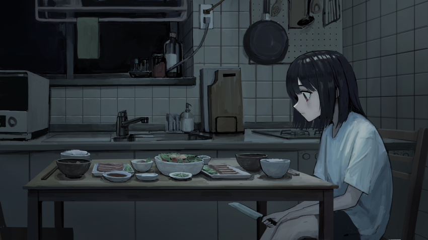 1girl absurdres black_hair bottle bowl cable chair chopsticks closed_mouth counter cutting_board dark electrical_outlet electrical_outlet expressionless food from_side frying_pan grey_skirt highres holding holding_knife hot_plate indoors kitchen knife looking_at_food medium_hair microwave on_chair original plate profile red_eyes rice_bowl sakiika0513 salad shirt short_hair short_sleeves sink sitting skirt soap_dispenser solo soup_ladle sushi table white_shirt