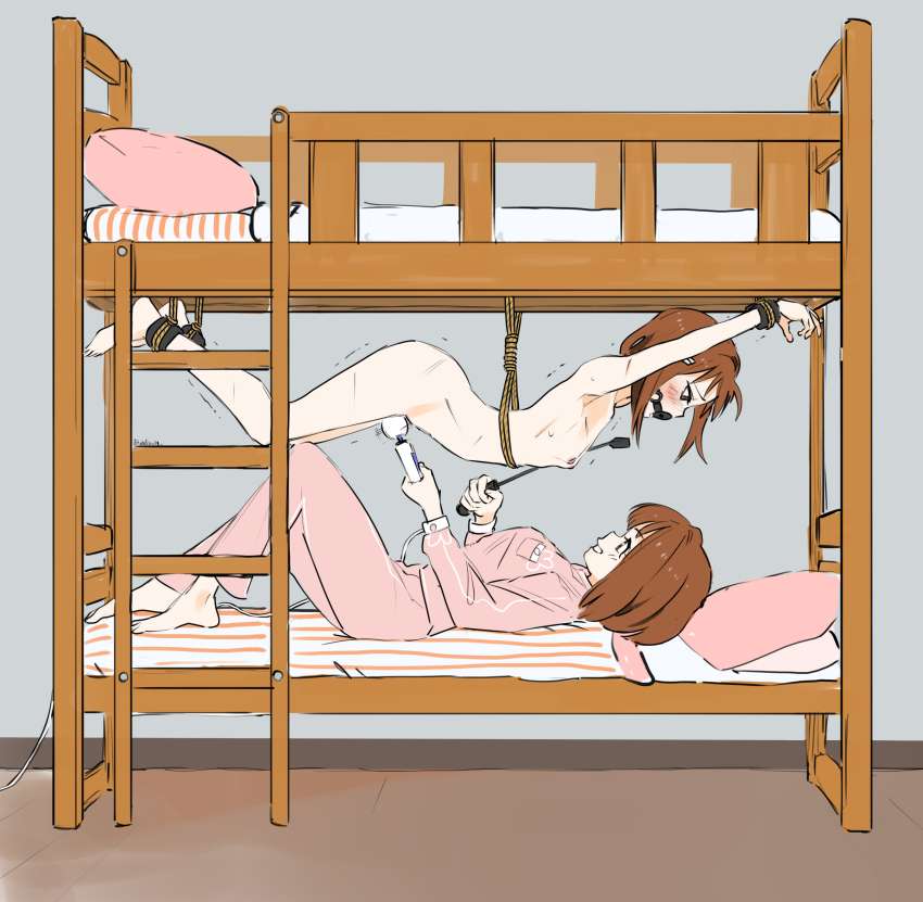 2girls absurdres artist_name ball_gag barefoot bdsm bed blush bondage bound breasts brown_eyes brown_hair bunk_bed clothed_female_nude_female commentary commission completely_nude english_commentary eudetenis femdom from_side futaba_(pretzelfan) gag gagged grin hair_ornament hairclip highres hitachi_magic_wand ichika_(pretzelfan) incest indoors ladder long_sleeves looking_at_another lying multiple_girls nipples nude on_back original pajamas pants pillow pink_pajamas pink_pants restrained riding_crop rope second-party_source sex_toy short_hair siblings sisters small_breasts smile stationary_restraints suspension trembling twins vibrator whip_marks yuri