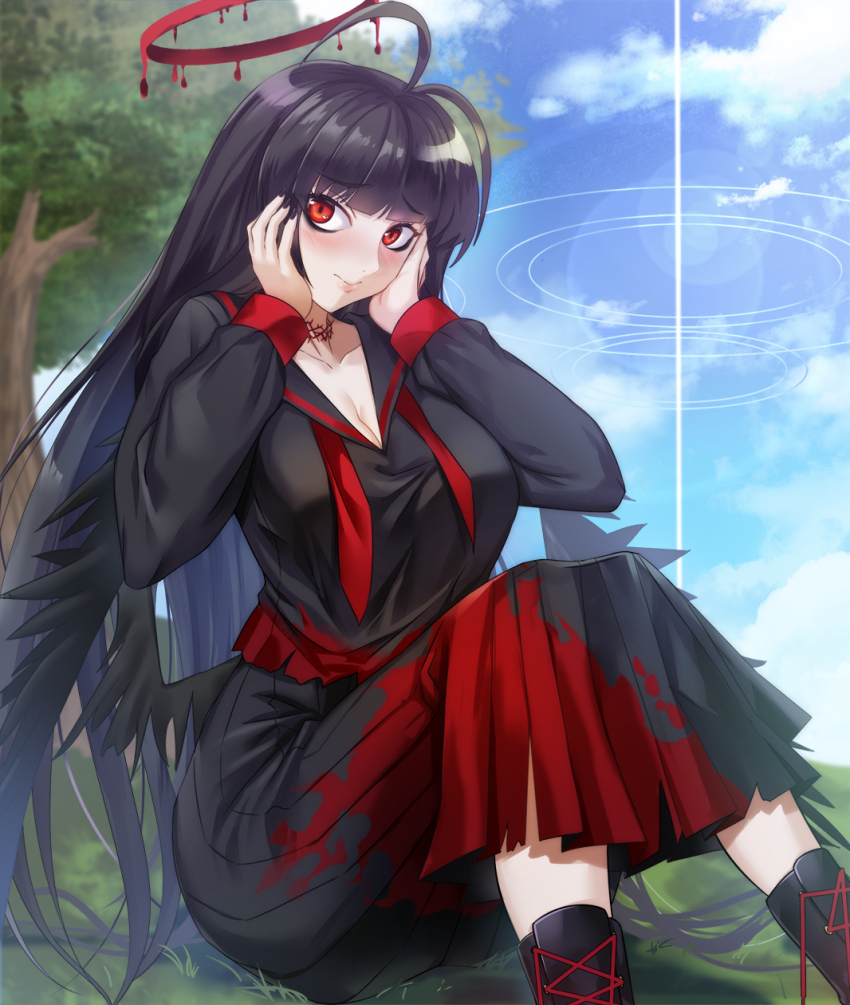 1girl antenna_hair black_hair black_serafuku black_skirt blood blood_halo blue_archive blue_sky breasts cleavage cloud cloudy_sky commentary_request day dtcy grass halo highres knees_up large_breasts liquid_halo long_hair on_ground outdoors red_eyes red_skirt school_uniform serafuku sitting skirt sky solo tree tsurugi_(blue_archive) two-tone_skirt