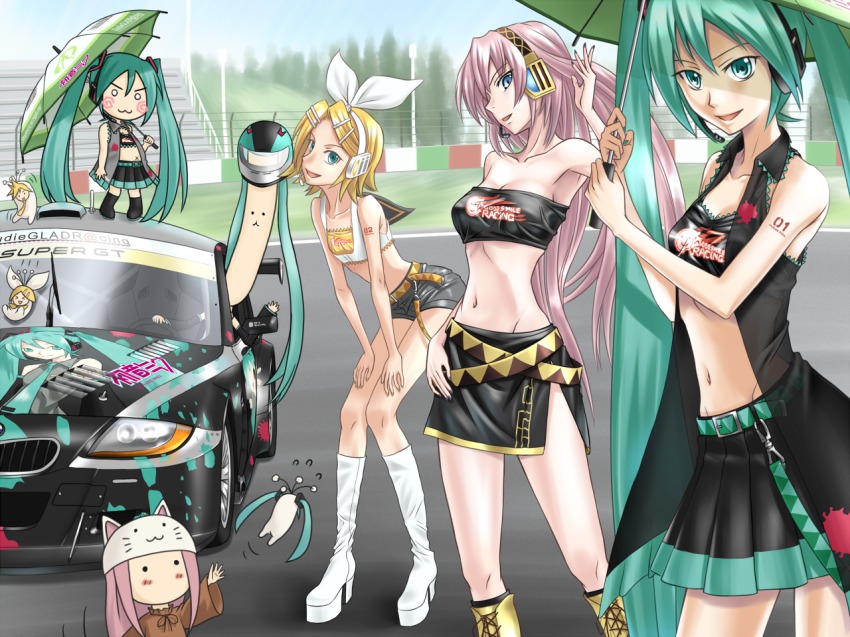 &gt;:3 &gt;_&lt; ._. 5girls :3 :d adapted_costume animal_ears animal_hat aqua_eyes aqua_hair bandeau belt blue_eyes blush bmw bmw_z4 boots breasts car cat_ears cat_hat chibi cleavage closed_eyes flat_chest goodsmile_company hachune_miku hair_ornament hair_ribbon hairclip hat hatsune_miku headphones headset high_heels itasha kagamine_len kagamine_rin leaning_forward long_hair megurine_luka megurine_luka_(toeto) midriff motor_vehicle multiple_girls navel o_o open_mouth pink_hair platform_footwear pylori_kin_no_uta_(vocaloid) race_queen race_vehicle racecar racing_miku racing_miku_(2009) ribbon shoes short_hair short_shorts shorts side_slit skinny skirt smile strapless super_gt tank_top tattoo thigh_boots thighhighs tk28 toeto_(vocaloid) tube_top twintails umbrella v-shaped_eyebrows very_long_hair vest vocaloid xd