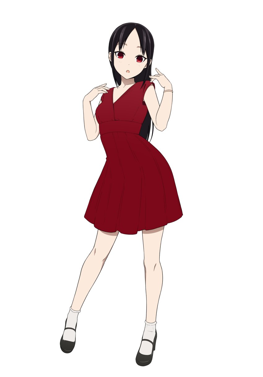 1girl :o absurdres black_hair bracelet commentary coro_fae dress full_body hands_up highres jewelry kaguya-sama_wa_kokurasetai_~tensai-tachi_no_renai_zunousen~ long_hair looking_at_viewer parted_bangs red_dress red_eyes shinomiya_kaguya short_dress simple_background solo standing straight_hair white_background