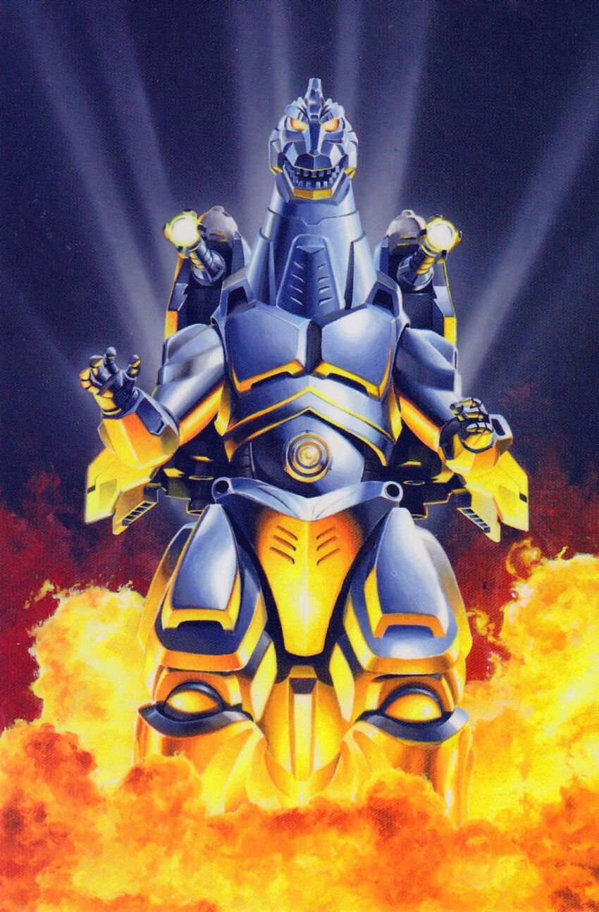 aircraft blue_sky cannon directed-energy_weapon energy_cannon energy_weapon epic explosion fire garuda_(godzilla) glowing glowing_eyes godzilla_(series) godzilla_vs._mechagodzilla_ii highres kaida_yuji kaiju looking_at_viewer maser_cannon mecha mechagodzilla military night no_humans official_art robot searchlight shoulder_cannon sky spotlight stomach_cannon super_mechagodzilla toho weapon yellow_eyes