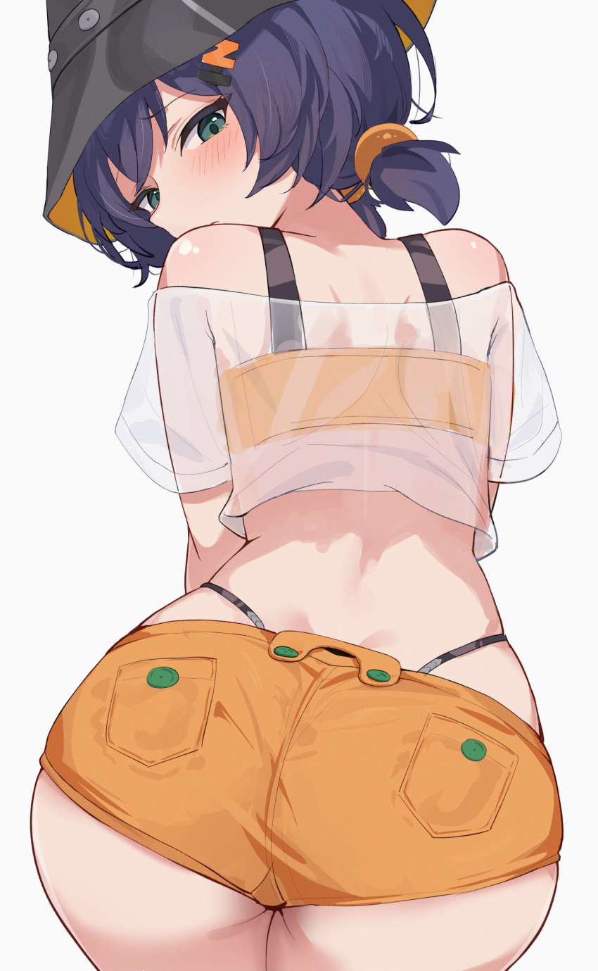 1girl ass belle_(zenless_zone_zero) bitseon commentary from_behind green_eyes grey_background highres looking_at_viewer looking_back see-through_clothes shorts simple_background solo white_background zenless_zone_zero