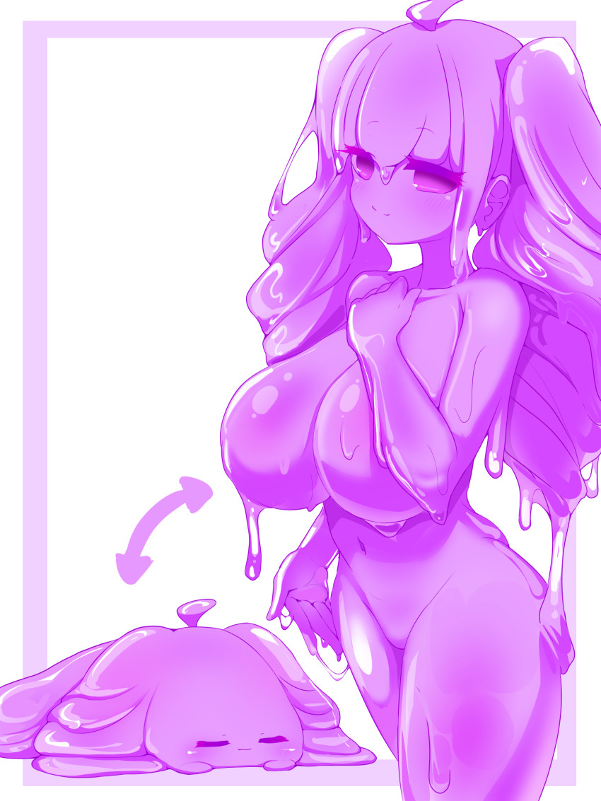 1girl ahoge arrow_(symbol) blush breasts colored_skin creature drill_hair facing_viewer highres hikyou_takarasou huge_breasts liquid_hair long_bangs long_hair looking_at_viewer lying midriff monster_girl multiple_views no_nipples on_stomach original purple_background purple_eyes purple_skin slime_(creature) slime_(substance) slime_girl twintails two-tone_background white_background