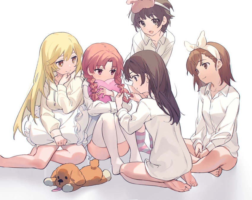 5girls alternate_hairstyle bare_legs barefoot black_hair blonde_hair blue_eyes bow_hairband braid braiding_hair brown_hair collared_shirt commentary_request hairband hairdressing heart heart-shaped_pillow highres holding holding_pillow hugging_object labixiaohua long_hair long_sleeves looking_at_another misaka_mikoto multiple_girls pillow pillow_hug saten_ruiko shirai_kuroko shirt shokuhou_misaki short_hair smile socks sparkling_eyes striped_clothes striped_socks stuffed_animal stuffed_dog stuffed_toy toaru_kagaku_no_railgun toaru_majutsu_no_index twin_braids uiharu_kazari white_background white_hairband white_shirt yellow_eyes