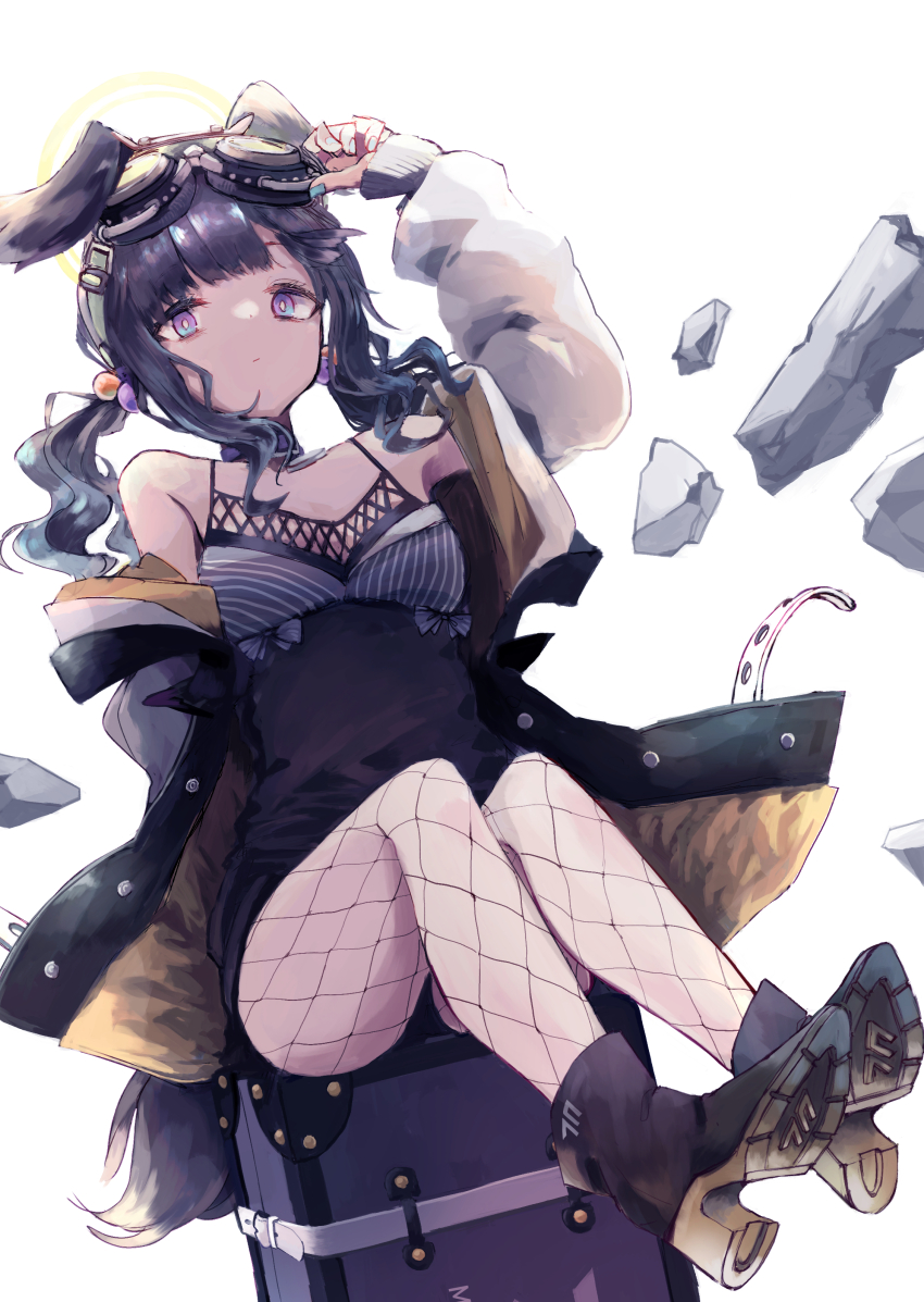 1girl absurdres adjusting_eyewear animal_ears black_hair blue_archive breasts dog_ears fishnet_legwear fishnet_pantyhose fishnets full_body goggles goggles_on_head hibiki_(blue_archive) highres jacket looking_at_viewer low_twintails off_shoulder pantyhose purple_eyes short_shorts shorts simple_background sitting sleeveless small_breasts solo tokorinowa twintails white_background