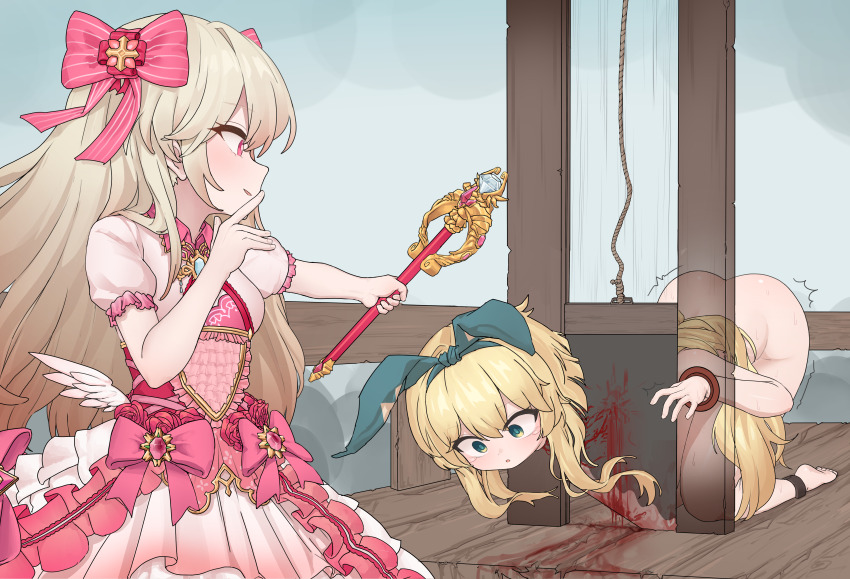 2girls absurdres alice_(grimms_notes) alice_(shinsei)_(grimms_notes) ass blonde_hair blood blood_splatter chaos_marie_(grimms_notes) cleavage_cutout clothing_cutout crowd death decapitation dress dried_blood execution frills gradient_hair grimms_notes guillotine guro hair_ribbon highres jewelry ju_ge long_hair multicolored_hair multiple_girls necklace nude open_mouth outstretched_arm puffy_sleeves restrained ribbon tears twitching wand weapon wings