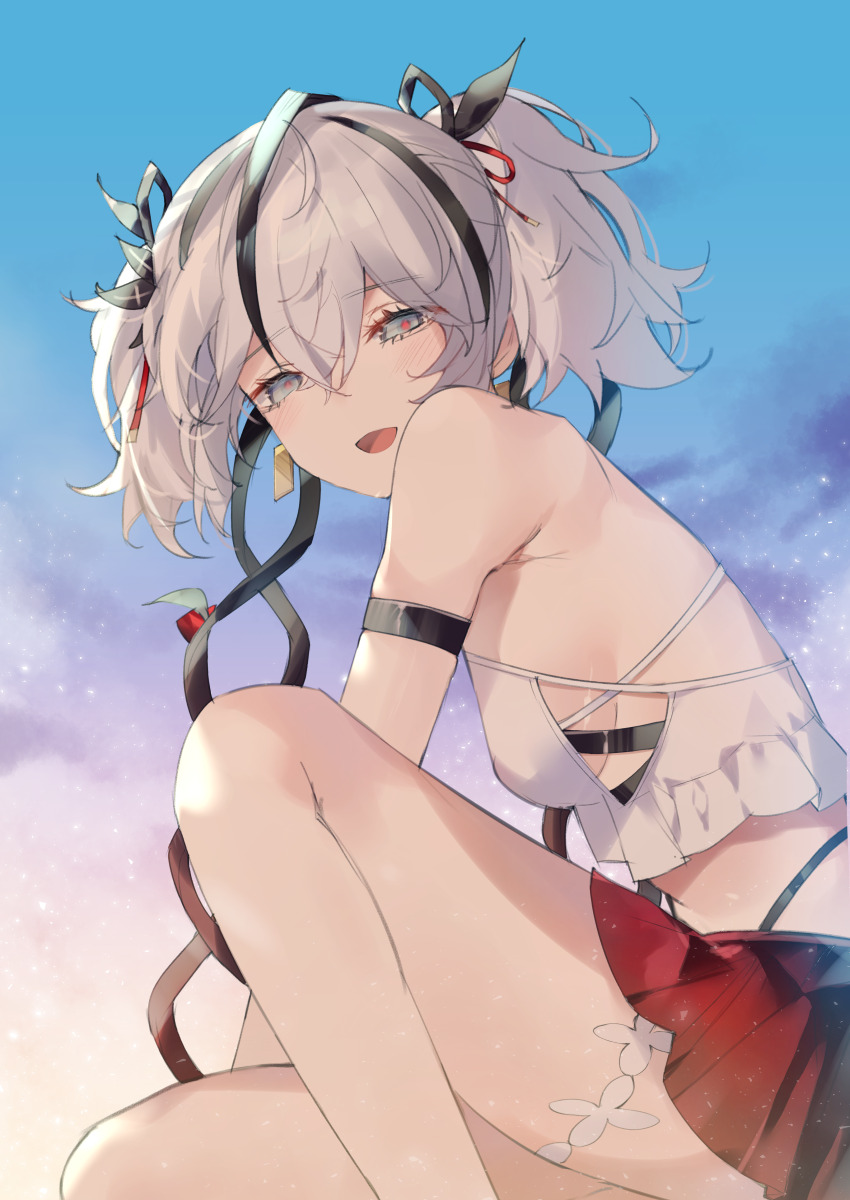1girl absurdres alternate_costume arm_strap bare_shoulders black_eyes breasts camellya_(wuthering_waves) commentary crop_top earrings from_side gold_earrings hair_between_eyes hair_vines highres jewelry looking_at_viewer looking_to_the_side medium_breasts open_mouth red_pupils red_skirt shigureszku shirt short_hair short_twintails skirt smile solo thighs twintails white_shirt wuthering_waves