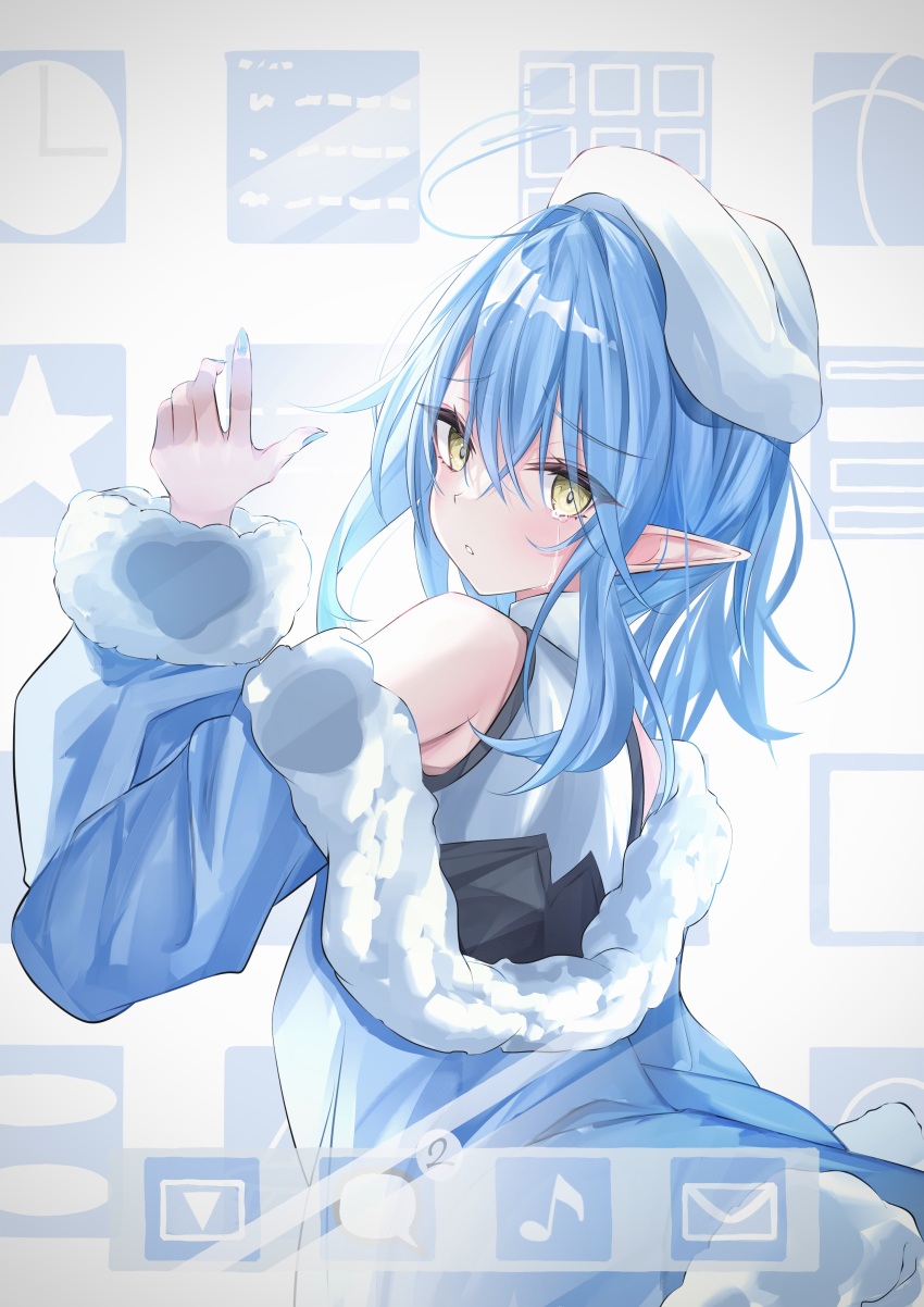 1girl absurdres ahoge aqua_nails bare_shoulders blue_bow blue_bowtie blue_coat blue_hair blush bow bowtie coat commentary_request crying crying_with_eyes_open frills from_behind fur_trim hair_between_eyes hat highres hololive kageboushi_(kageboushi_desu) long_hair long_sleeves looking_at_viewer looking_back parted_lips pointy_ears solo streaming_tears tears virtual_youtuber white_hat yellow_eyes yukihana_lamy yukihana_lamy_(1st_costume)