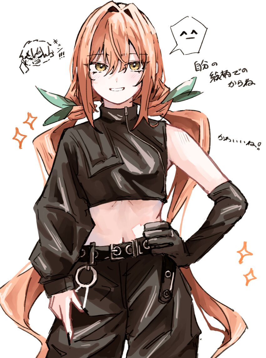 1girl absurdres aijou_rentarou alternate_costume asymmetrical_clothes belt black_belt black_jacket black_nails black_pants commentary_request cowboy_shot cropped_jacket gloves green_ribbon grin hair_between_eyes hair_intakes hair_ribbon hand_on_own_hip highres inda_karane jacket kimi_no_koto_ga_dai_dai_dai_dai_daisuki_na_100-nin_no_kanojo long_hair looking_at_viewer low_twintails midriff nail_polish orange_hair pants ribbon simple_background single_glove single_sleeve smile solo sparkle spoken_expression translation_request twintails ume_ao very_long_hair white_background yellow_eyes