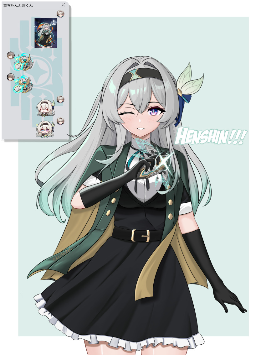 1girl absurdres aqua_background belt black_belt black_dress black_gloves black_hairband breasts caelus_(honkai:_star_rail) commentary_request cowboy_shot dress firefly_(honkai:_star_rail) firefly_(jepella_rebellion)_(honkai:_star_rail) frilled_dress frills gloves grey_hair grin hair_between_eyes hair_intakes hair_ornament hairband highres holding honkai:_star_rail honkai_(series) klashikari long_hair looking_at_viewer medium_breasts official_alternate_costume one_eye_closed pink_eyes sam_(honkai:_star_rail) short_sleeves simple_background sky smile solo stelle_(honkai:_star_rail) text_messaging trailblazer_(honkai:_star_rail)