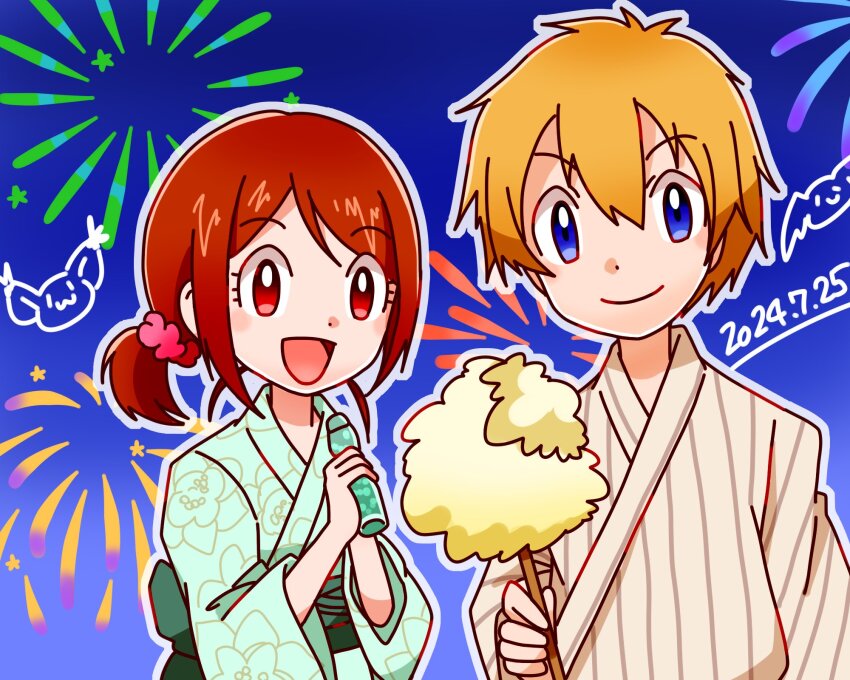 1boy 1girl blonde_hair brown_hair digimon digimon_adventure_02 digimon_adventure_02:_the_beginning eating happy highres smile takaishi_takeru yagami_hikari